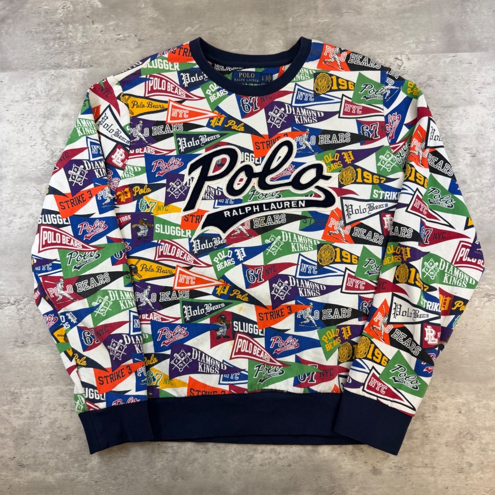 Polo Ralph Lauren Baseball Pennant Print Sweatshirt Mens Large Polo Bear Multi